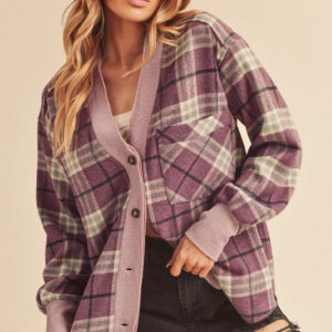 Side Slit Patch Pocket Plaid Button Down Jacket