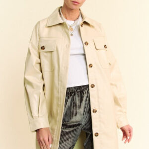 Faux Leather Button Up Jacket with Chest Pockets