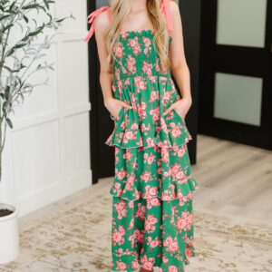 Low Effort, High Impact Tiered Dress in Green/Coral