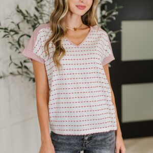 Stitched with Love V-Neck Top in Ivory and Red