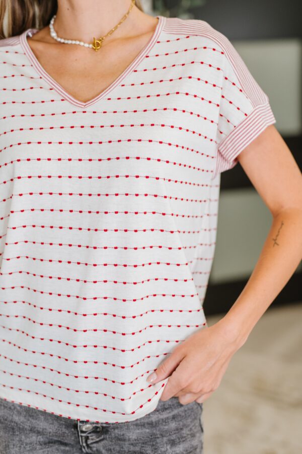 Stitched with Love V-Neck Top in Ivory and Red - Image 3